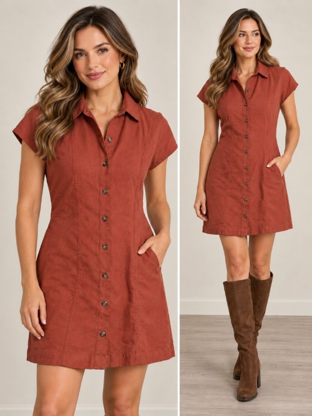 Universal Thread Rust Orange Linen Button Front Fall Shirt Dress XS NWT